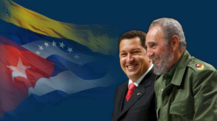 Imagen de las banderas de Cuba y de Venezuela, Fidel y Chávez