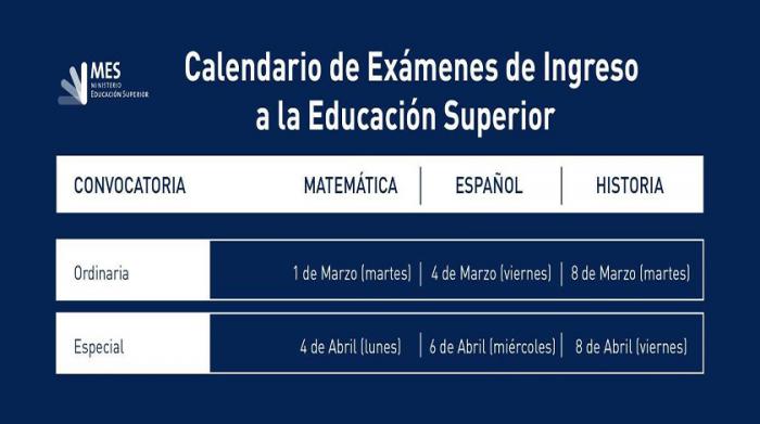 Calendario para exámenes de ingreso a la Educación Superior