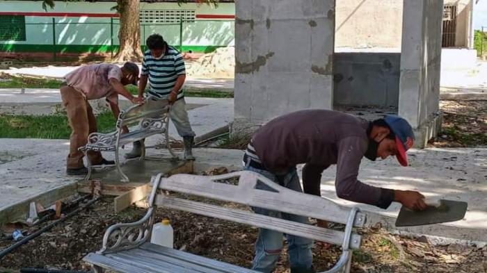 Personas trabajando la albañilería en un parque