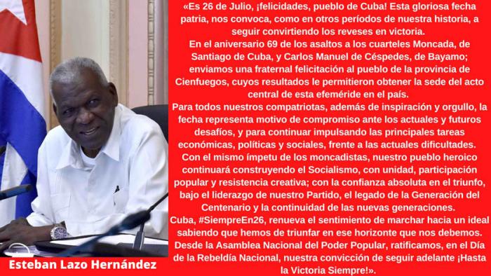Felicitación de Esteban Lazo a Cuba por el 26 de Julio