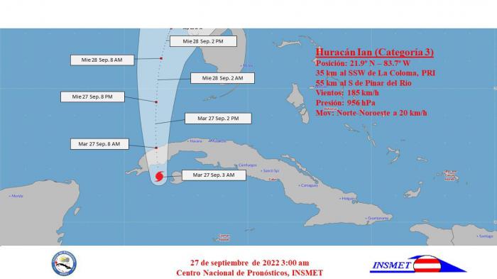 Mapa de Cuba con el cono estimado del recorrido del huracán Ian