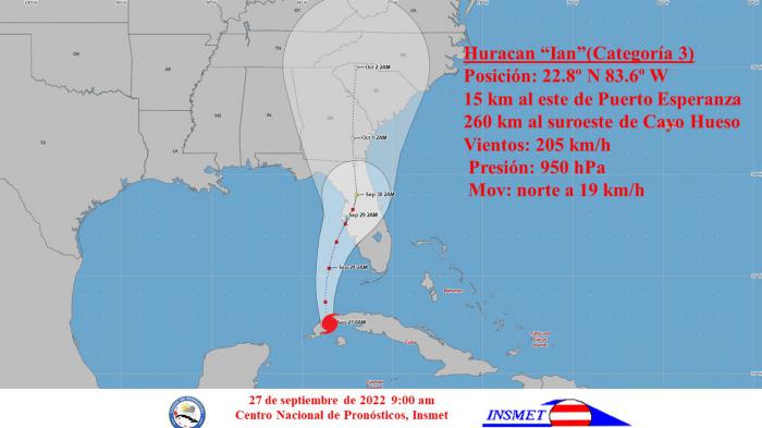 Mapa de Cuba con cono de huracán Ian 9 am