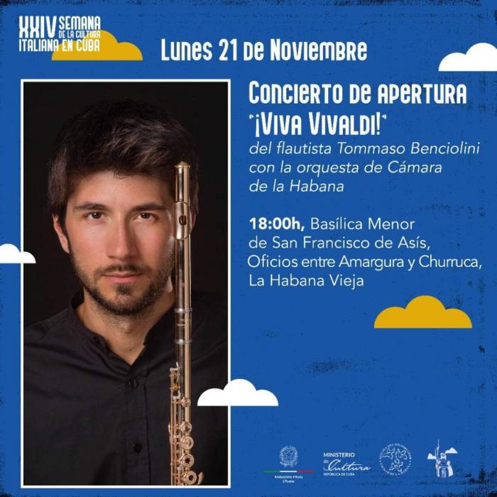 Cartel del concierto inaugural de la Semana de la Cultura Italiana con el flautista italiano Tommaso Benciolini 