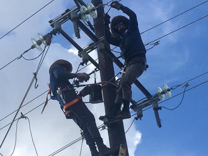Dos trabajadores eléctricos subidos en un poste