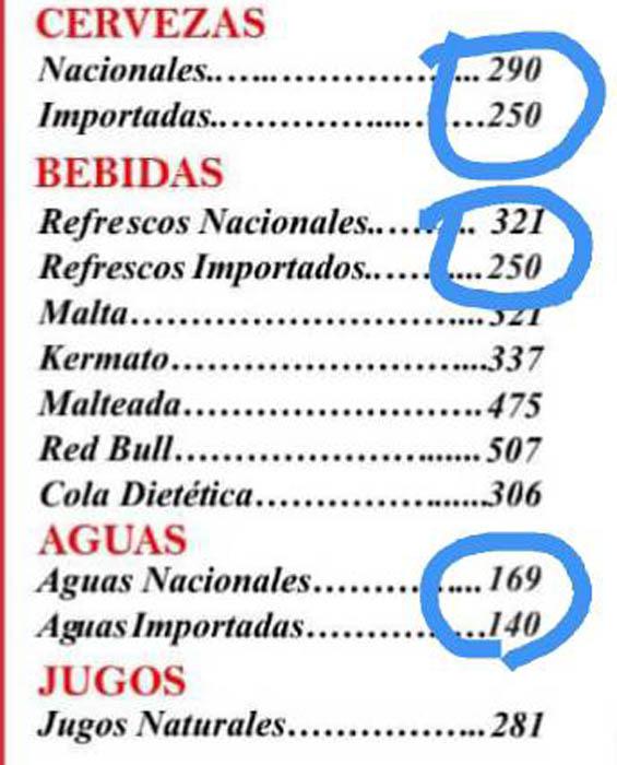 Carta de bebidas de un restaurante