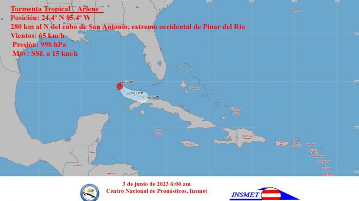 Mapa de Cuba con la ubicación de la tormenta tropical Arlene