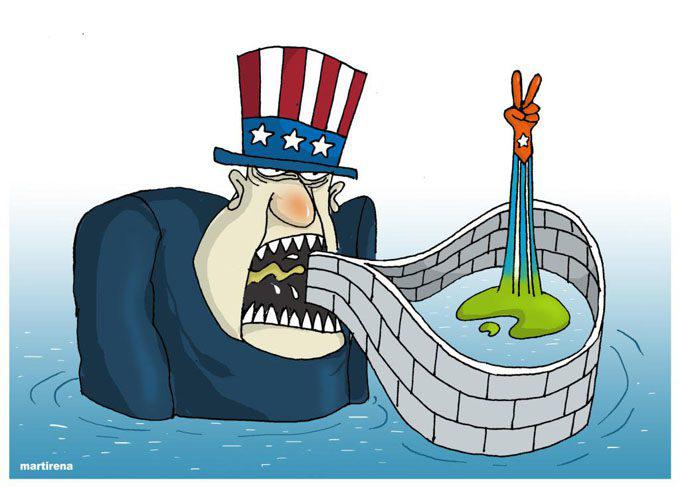 Imagen con un hombre que representa el gobierno de Estados Unidso y la isla de Cuba