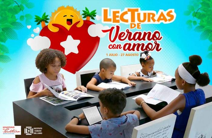 Cartel de Lecturas de Verano con amor. Niños leyendo.