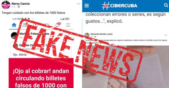 Falsas noticias sobre billetes y un cartel que dice Fake News
