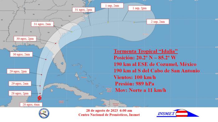 Mapa del posible cono del recorrido de la tormenta tropical Idalia