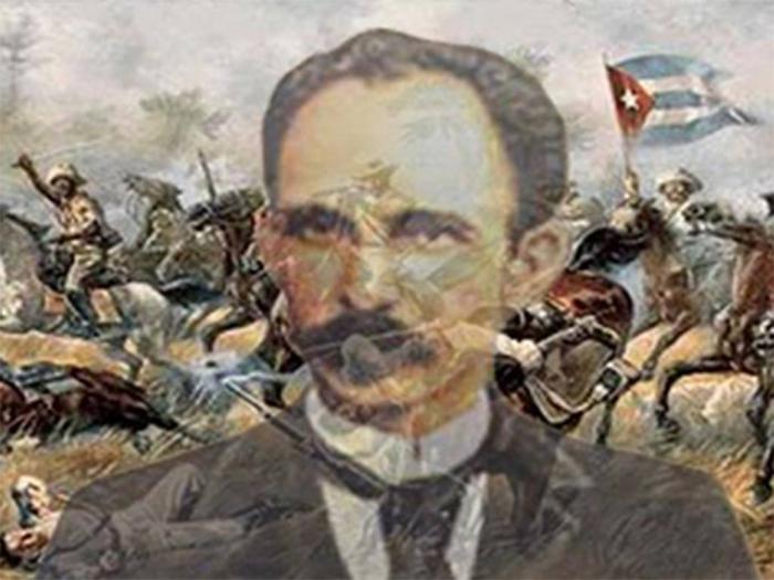 José Martí y al fondo los mambises en la guerra necesaria.