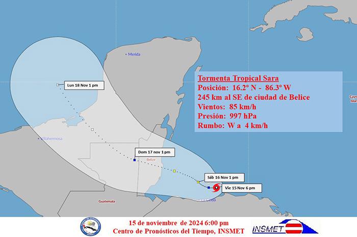 Cono de trayectoria de Tormenta tropical Sara