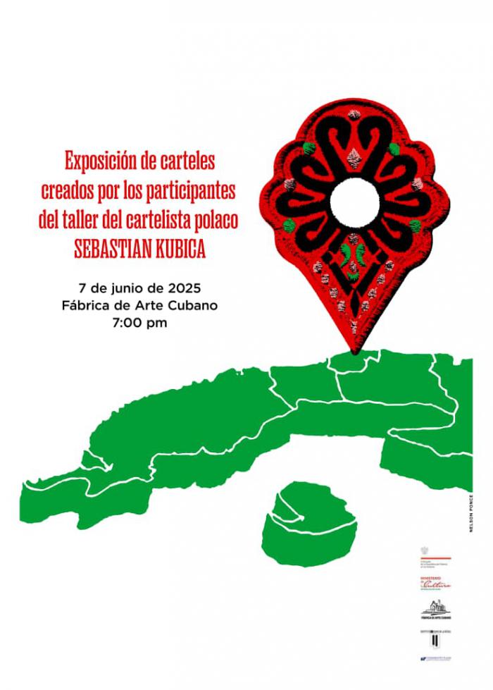 Cartel de la Exposición de trabajos de los talleres de Sebastián Kubica en la Fábrica de Arte Cubano