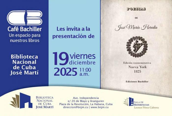 Cartel presentación de libro digital de poesías de José María Heredia en la Biblioteca Nacional José Martí