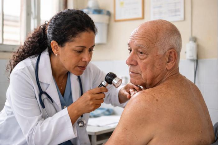 Doctora consultando a un señor mayor con cáncer de piel