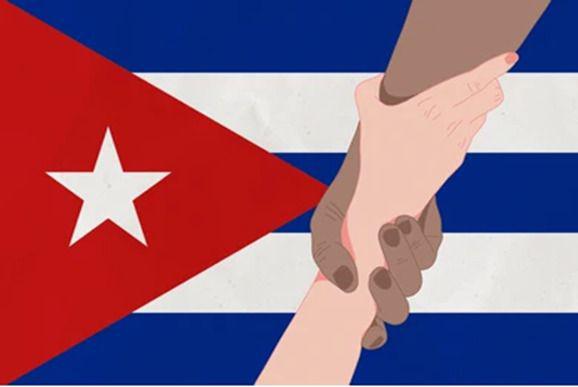 Bandera cubana y dos manos como muestra de solidaridad